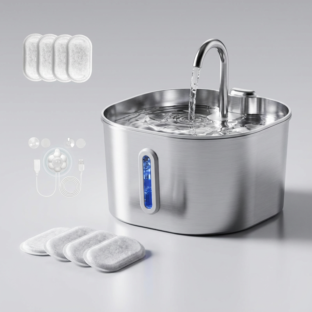 Zoolie® Automatischer Katzen-Wasserbrunnen 2,2 l aus Edelstahl, quadratisch, mit Fenster